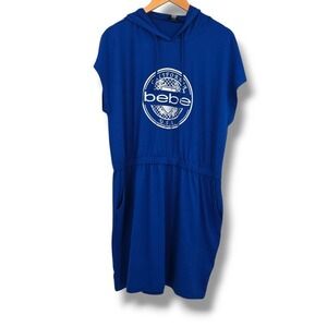 Bebe‎ Women's Active Short Cap Sleeve Hooded Elastic Waist Dress Blue Size XL